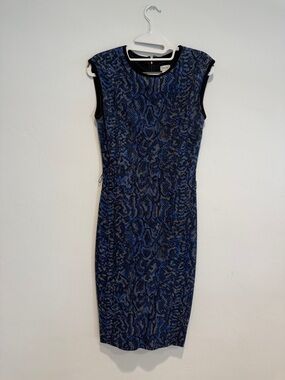 Cache Blue and Black Snake-Print Midi Sheath Dress